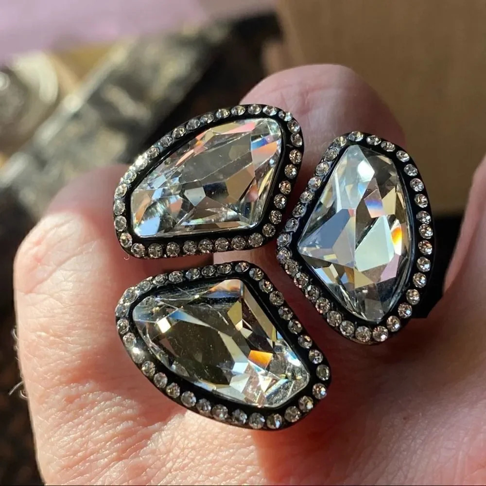 IP Black Stainless Steel Crystal Statement Ring 8